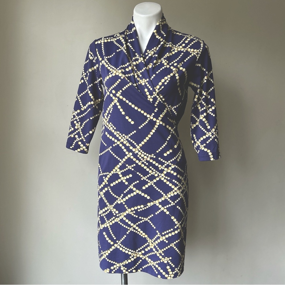 J. McLaughlin Panama Catalina Cloth Faux Wrap Dress, Eggplant w/Pearls Print XS